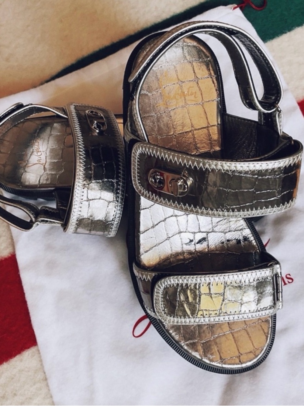 Christian Louboutin Metallic Silver Lock Cool Croc-Embossed Leather Sandal.